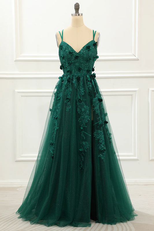 A Line V-Neck Dark Green Tulle Lace-Up Back Prom Dress with Appliques