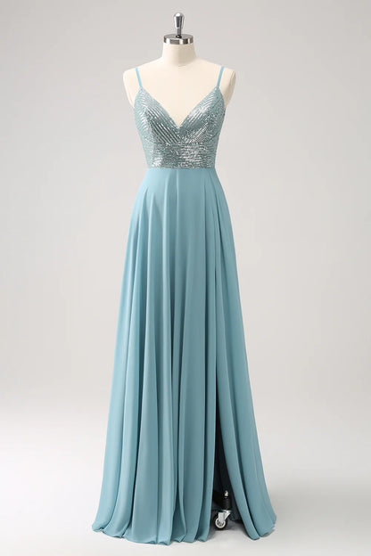 Sparkly V Neck Grey Green Spaghetti Strap Backless Sequined A Line Long Prom Dress ﻿