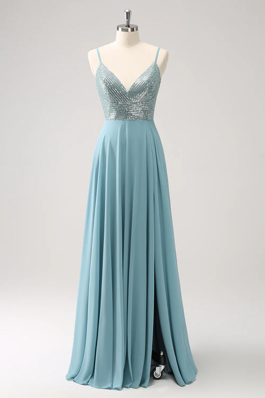 Sparkly V Neck Grey Green Spaghetti Strap Backless Sequined A Line Long Prom Dress ﻿