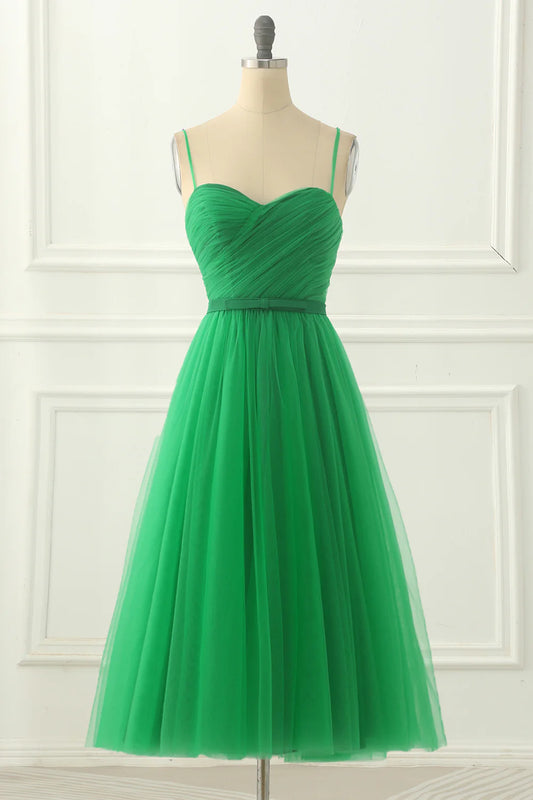 Green Square Neck Spaghetti Straps Tulle Pleats Prom Dress with Sash