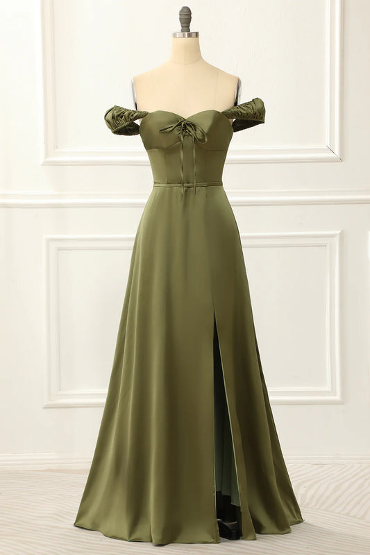 Green A-Line Off Shoulder Satin Pleats Split Fork Simple Prom Dress