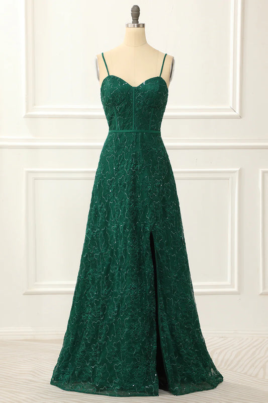 Dark Green Spaghetti Straps Lace-Up Back A Line Lace Prom Dress