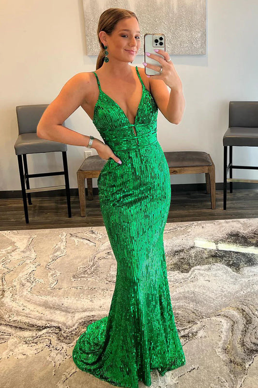 Mermaid Spaghetti Straps Green V-Neck Sequins Backless Long Prom Dress