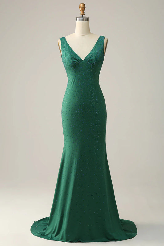 Mermaid Beaded V Neck Backless Green Floor-Length Long Prom Dress ﻿