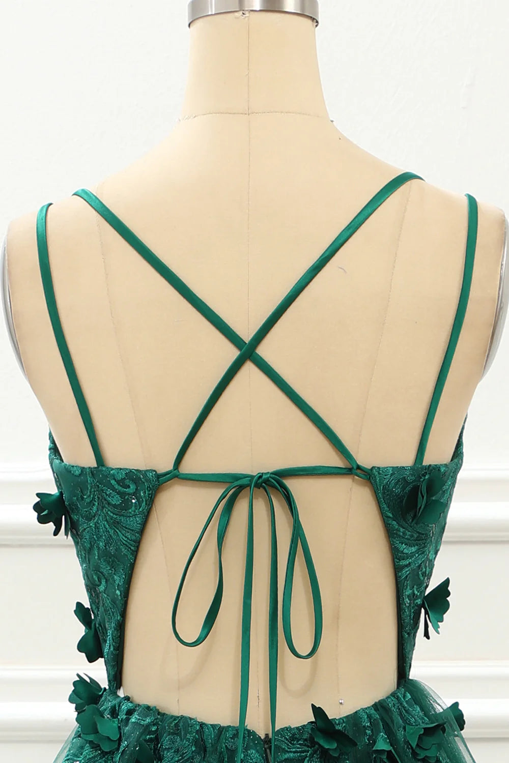 A Line V-Neck Dark Green Tulle Lace-Up Back Prom Dress with Appliques