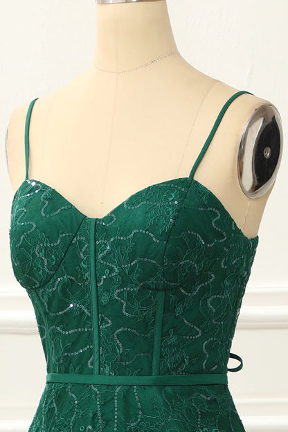 Dark Green Spaghetti Straps Lace-Up Back A Line Lace Prom Dress