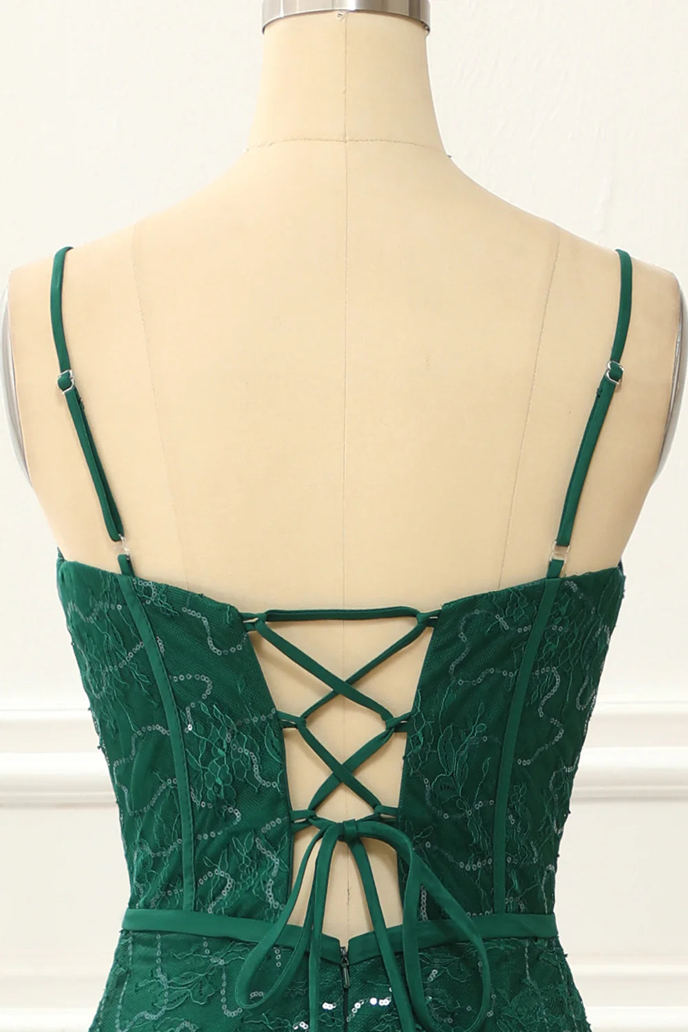 Dark Green Spaghetti Straps Lace-Up Back A Line Lace Prom Dress