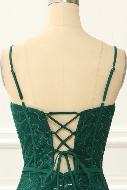 Dark Green Spaghetti Straps Lace-Up Back A Line Lace Prom Dress