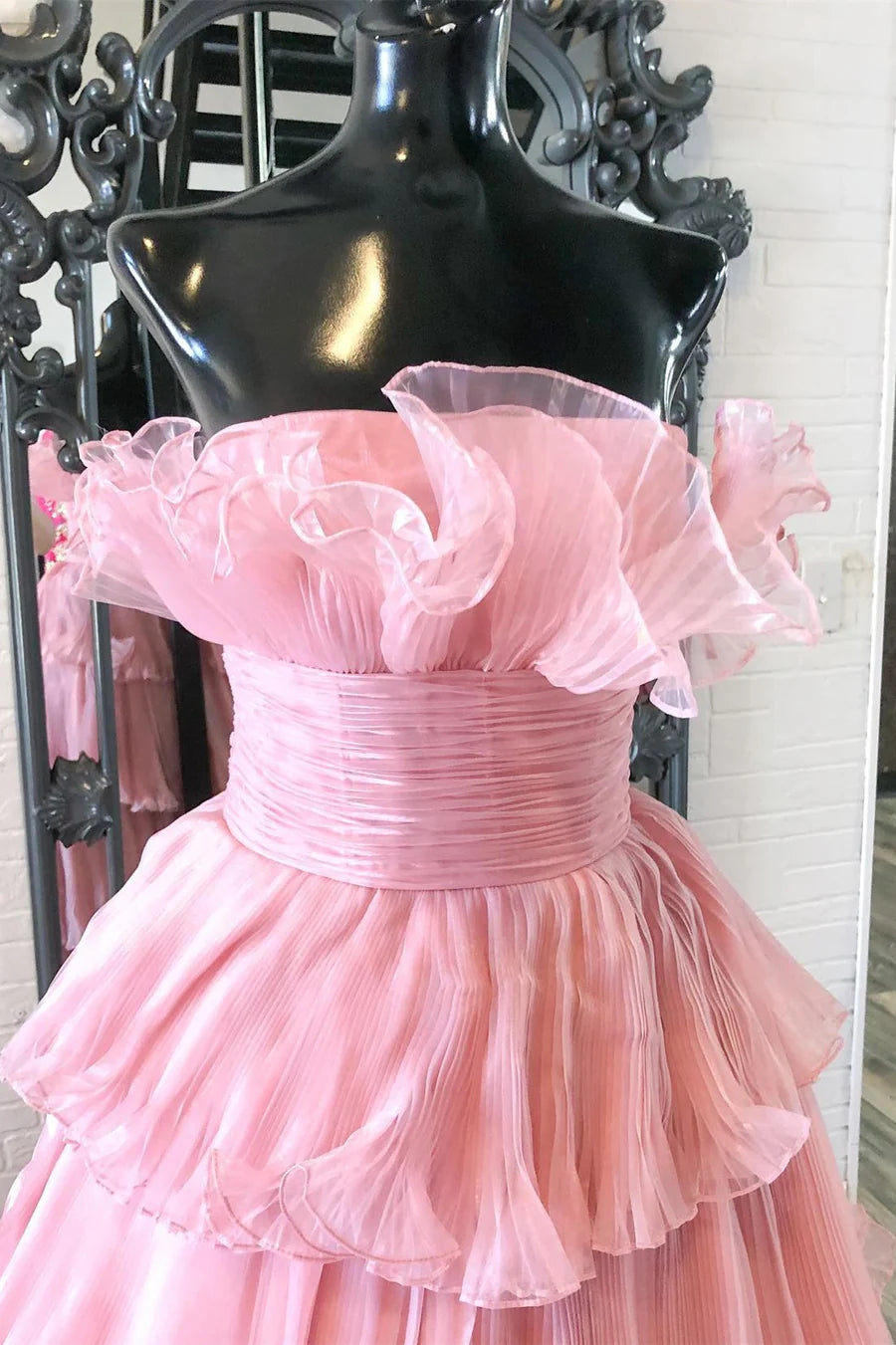 Strapless Banded Waist Tiered Long Prom Gown with Ruffles