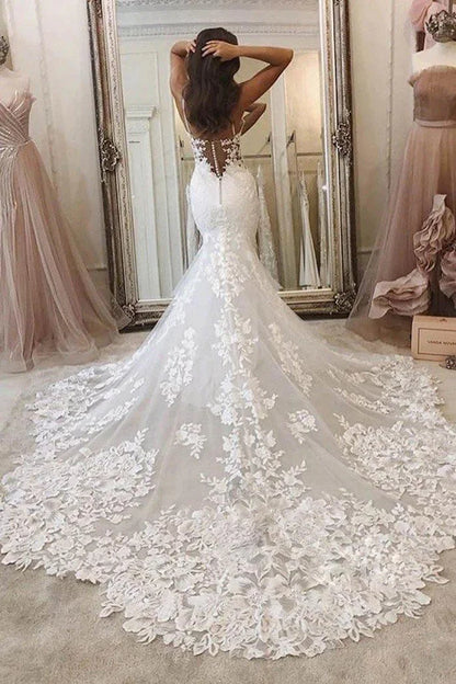 Spaghetti Straps Deep V Neck Mermaid Sweep Train Wedding Dress