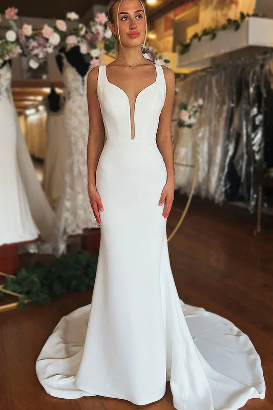 Elegant Mermaid V Neck Satin Backless Wrap The Buttocks Long Wedding Dress wirh