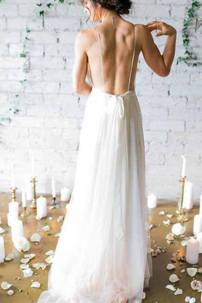 Simple Deep V-neck Sweep Train Ivory Wedding Dresses With Straps