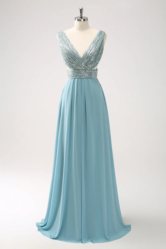 Sparkly V Neck Grey Green Backless Sequined A Line Long Prom Dress