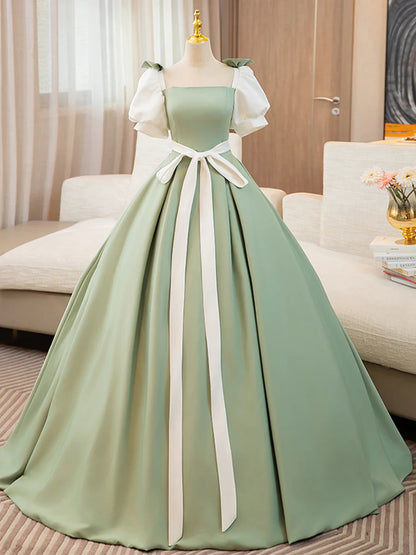 Prom Dress Puff Sleeves A-line Satin Color Blocking Long Lace up Fresh lovely Dress