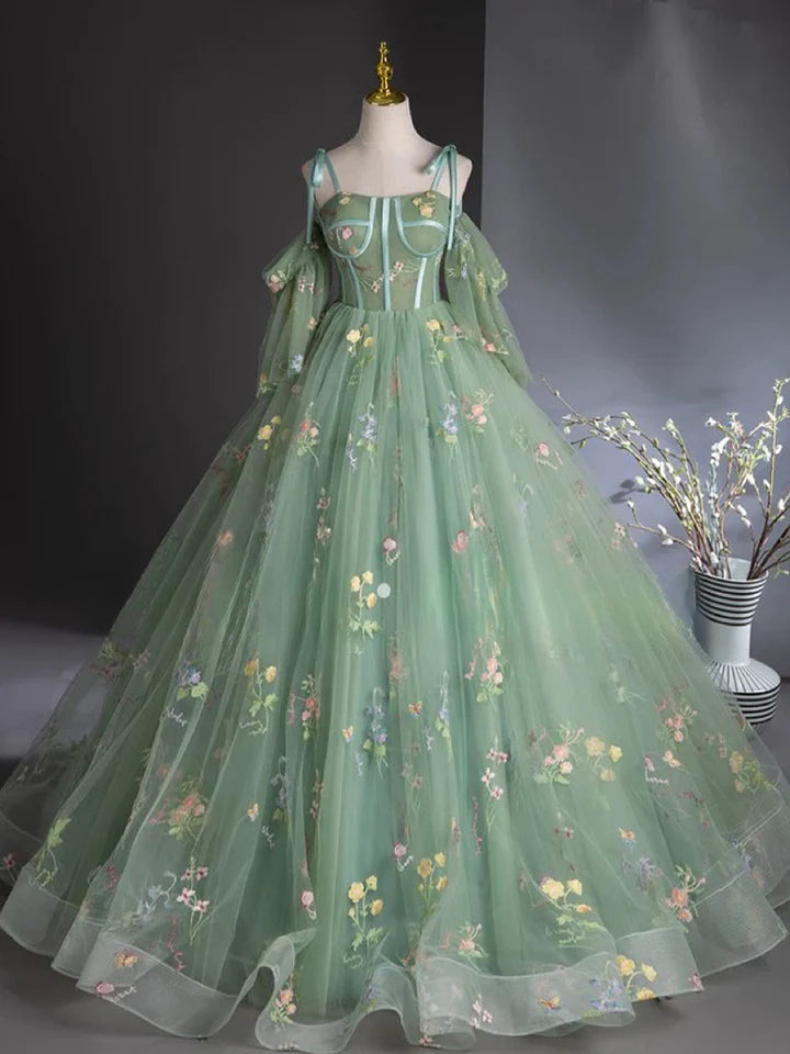 Sweet A-Line Prom Dress Lace Up Shoulder Strap Tulle Lace Green Long flower Dress