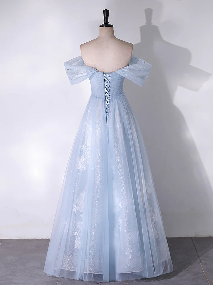 A-Line Off Shoulder Tulle Lace Bead string Long Shining Long Formal Prom Dress