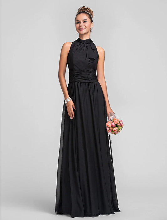 Sheath / Column Bridesmaid Dress High Neck Sleeveless Vintage Inspired Floor Length Chiffon with Ruched / Cascading Ruffles