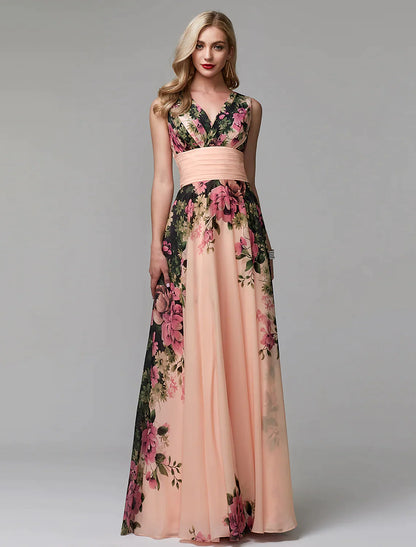 A-Line Floral Dress Holiday Floor Length Sleeveless V Neck Chiffon with Pattern / Print