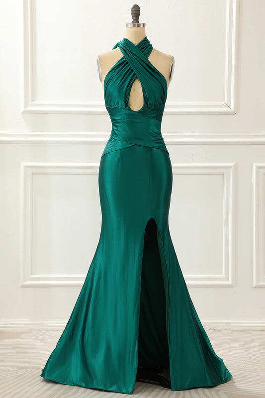 Halter Dark Green Satin Floor-Length Mermaid Prom Dress With Slit
