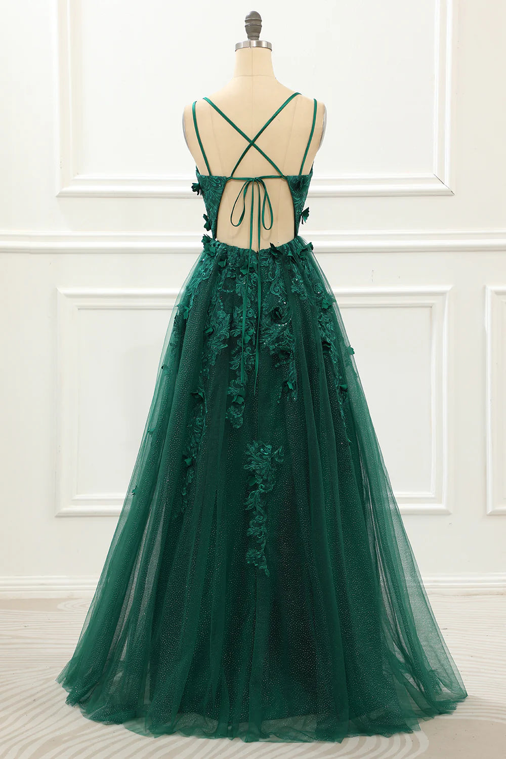 A Line V-Neck Dark Green Tulle Lace-Up Back Prom Dress with Appliques