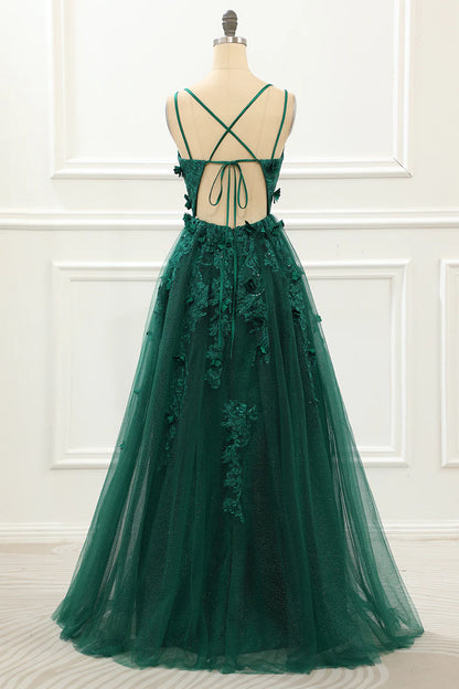 A Line V-Neck Dark Green Tulle Lace-Up Back Prom Dress with Appliques