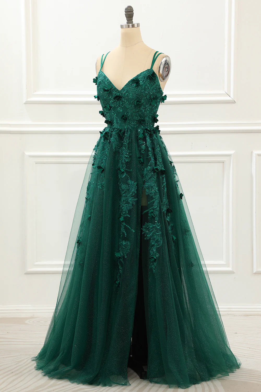 A Line V-Neck Dark Green Tulle Lace-Up Back Prom Dress with Appliques
