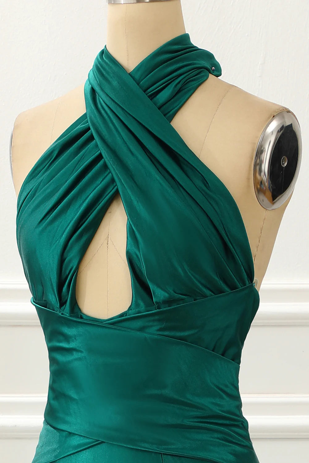 Halter Dark Green Satin Floor-Length Mermaid Prom Dress With Slit