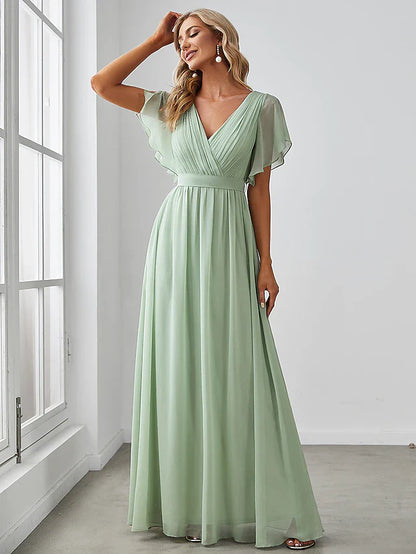 A-Line Bridesmaid Dress V Neck Short Sleeve Elegant Stretch Chiffon with Ruffles / Solid Color