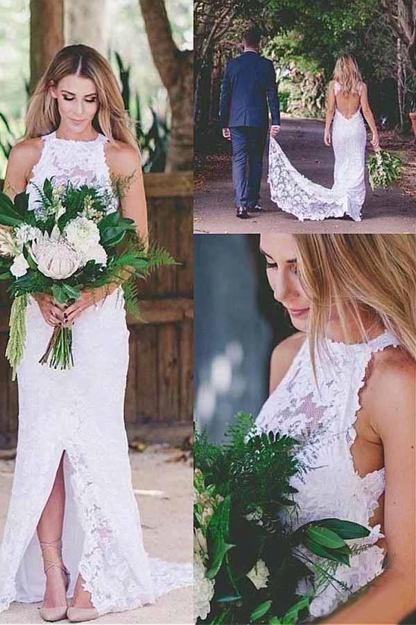 Romantic Sexy Front Split Open Back Sleeveless Lace Wedding Dresses with Train