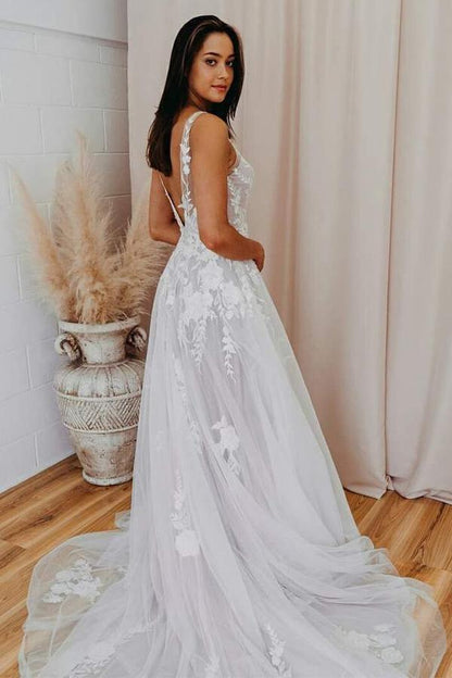 A-line V Neck Tulle Lace Appliques Romantic Wedding Dress Bridal Gown