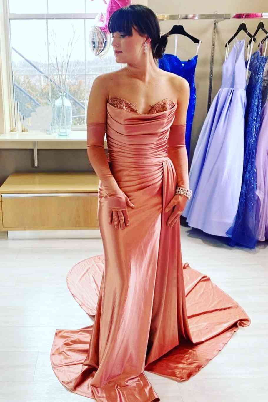 Sheath Mermaid Strapless Sweep/Brush Train Dresses Satin Pleated Long Prom Dress With Slit