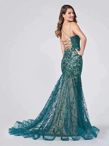 Mermaid / Trumpet Evening Gown Color Block Dress Formal Court Train Sleeveless Spaghetti Strap Lace Backless with Appliques