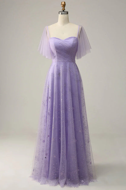 Off-the-Shoulder Lavender Lace-Up Back Prom Dress with Ruffles
