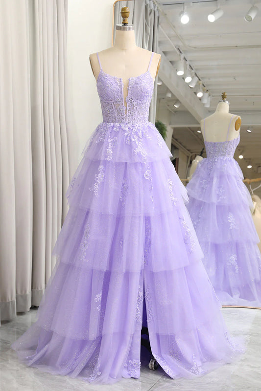 Sparkly A Line Spaghetti Strap Appliqued Tiered Long Corset Lilac Prom Dress With Slit