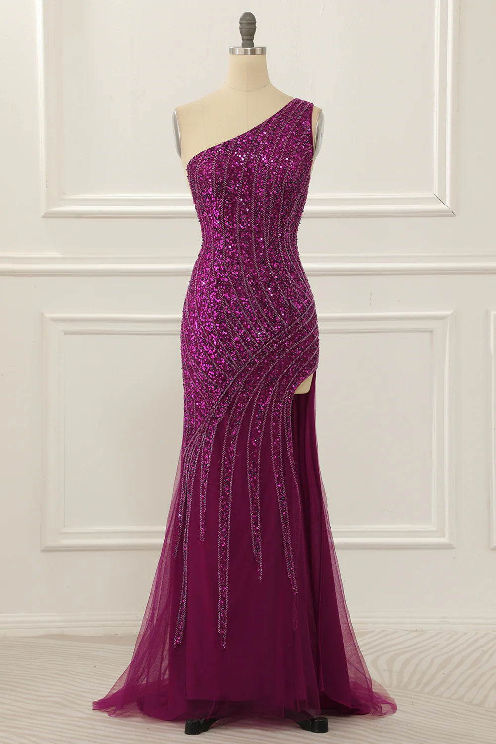 One Shoulder Purple Sleeveless Tulle Beaded Floor-Length Prom Dress with Slit ﻿