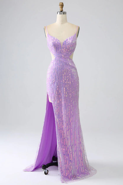 Sparkly Purple V-Neck Mermaid Sequins Spaghetti Straps Backless Prom Dress