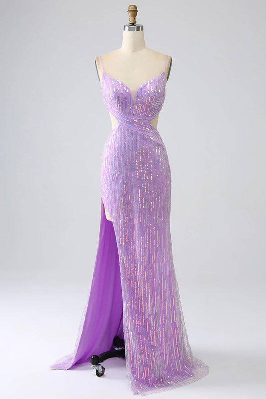 Sparkly Purple V-Neck Mermaid Sequins Spaghetti Straps Backless Prom Dress