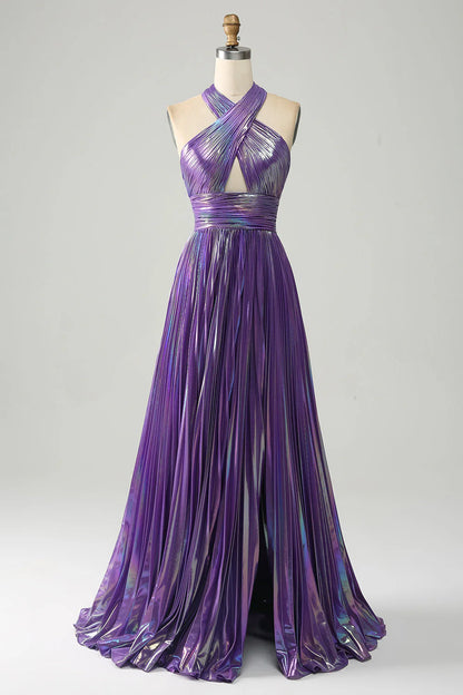 Sparkly Purple Halter A Line Backless Prom Dress with Pleated ﻿