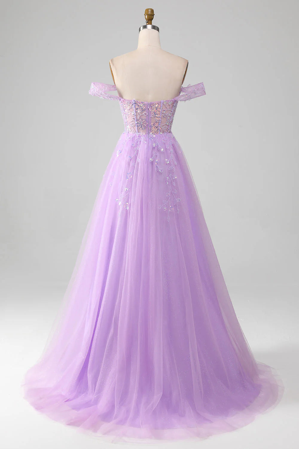 Lavender A Line Off the Shoulder Sequin Beaded Tulle Prom Dress with Slit