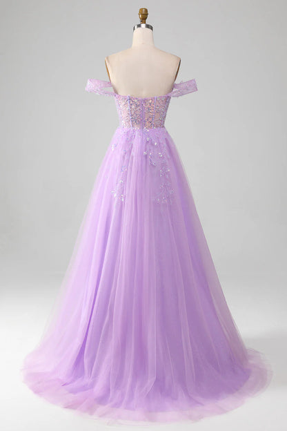 Lavender A Line Off the Shoulder Sequin Beaded Tulle Prom Dress with Slit