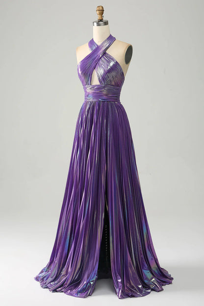 Sparkly Purple Halter A Line Backless Prom Dress with Pleated ﻿