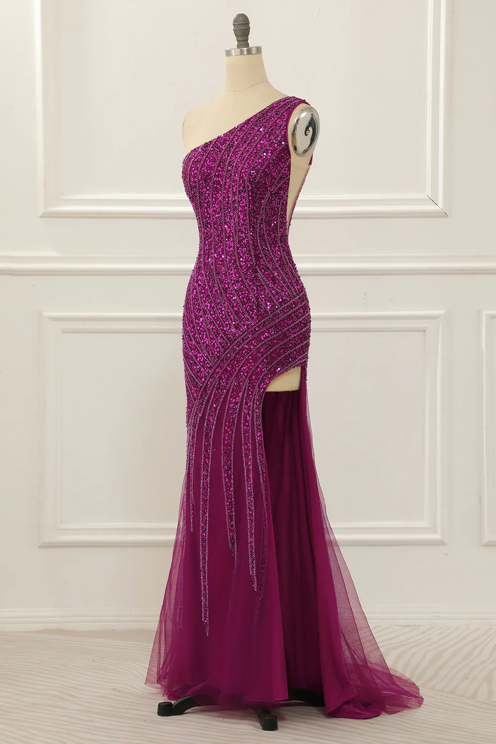 One Shoulder Purple Sleeveless Tulle Beaded Floor-Length Prom Dress with Slit ﻿