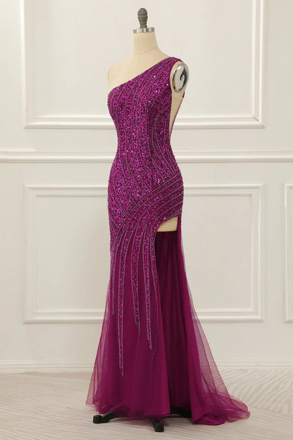 One Shoulder Purple Sleeveless Tulle Beaded Floor-Length Prom Dress with Slit ﻿