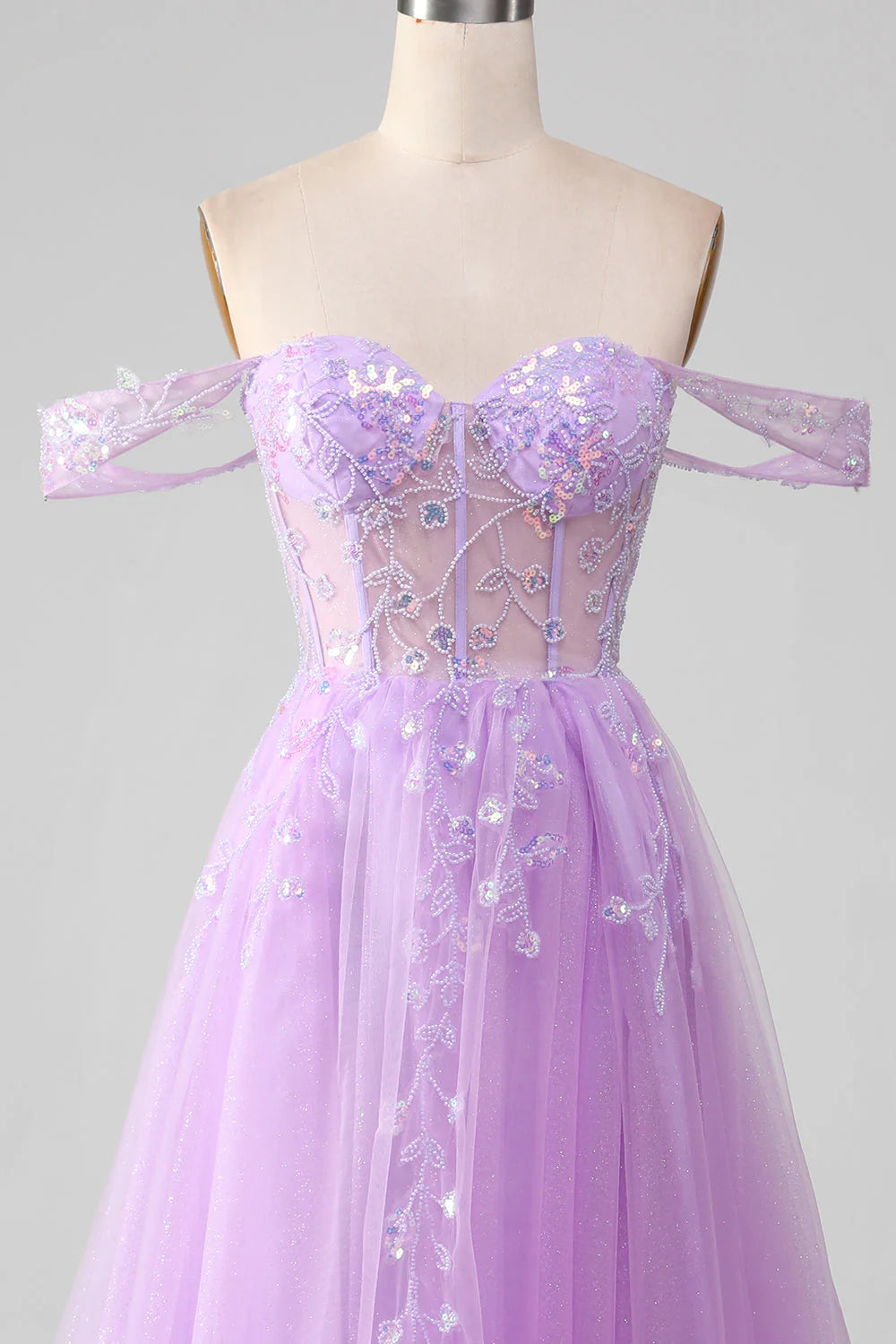 Lavender A Line Off the Shoulder Sequin Beaded Tulle Prom Dress with Slit