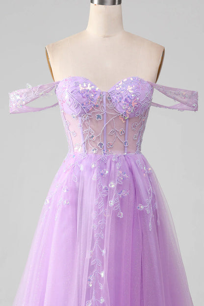Lavender A Line Off the Shoulder Sequin Beaded Tulle Prom Dress with Slit