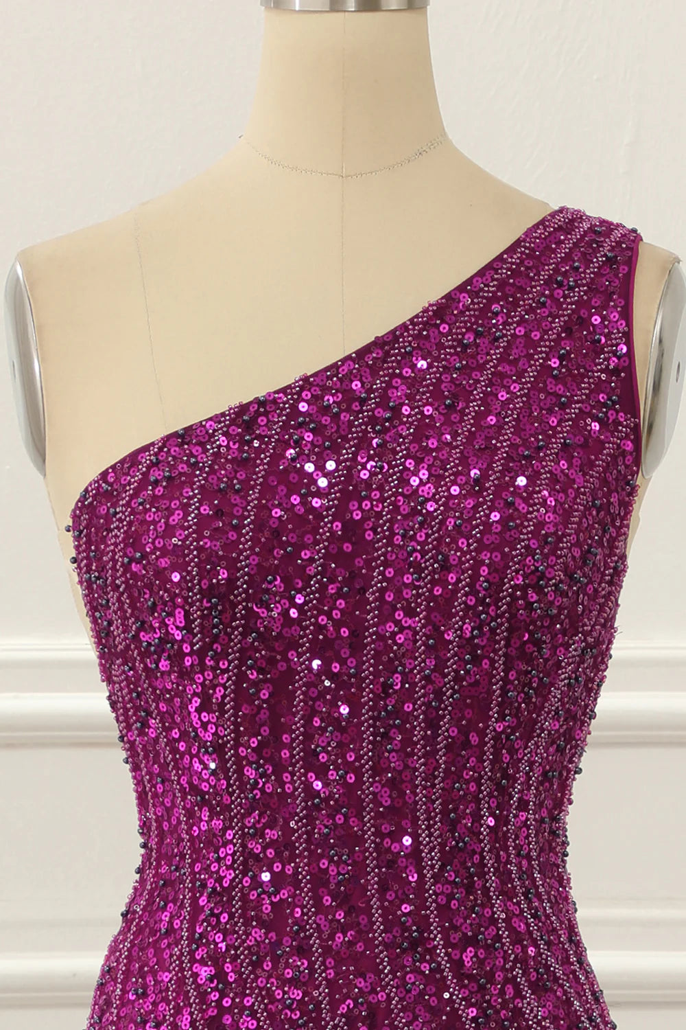 One Shoulder Purple Sleeveless Tulle Beaded Floor-Length Prom Dress with Slit ﻿