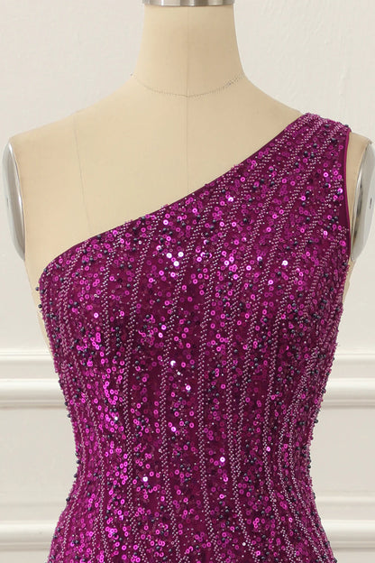 One Shoulder Purple Sleeveless Tulle Beaded Floor-Length Prom Dress with Slit ﻿