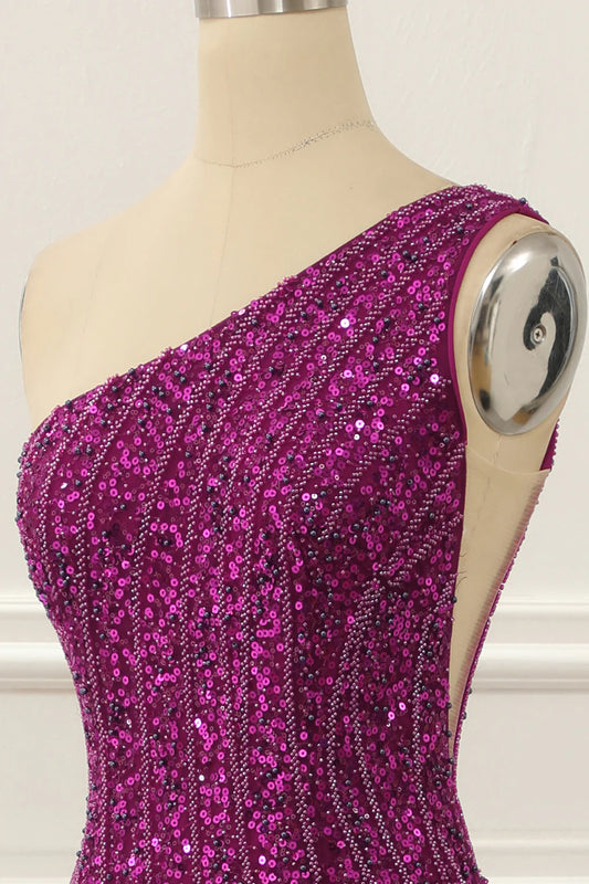One Shoulder Purple Sleeveless Tulle Beaded Floor-Length Prom Dress with Slit ﻿