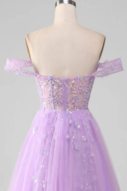 Lavender A Line Off the Shoulder Sequin Beaded Tulle Prom Dress with Slit