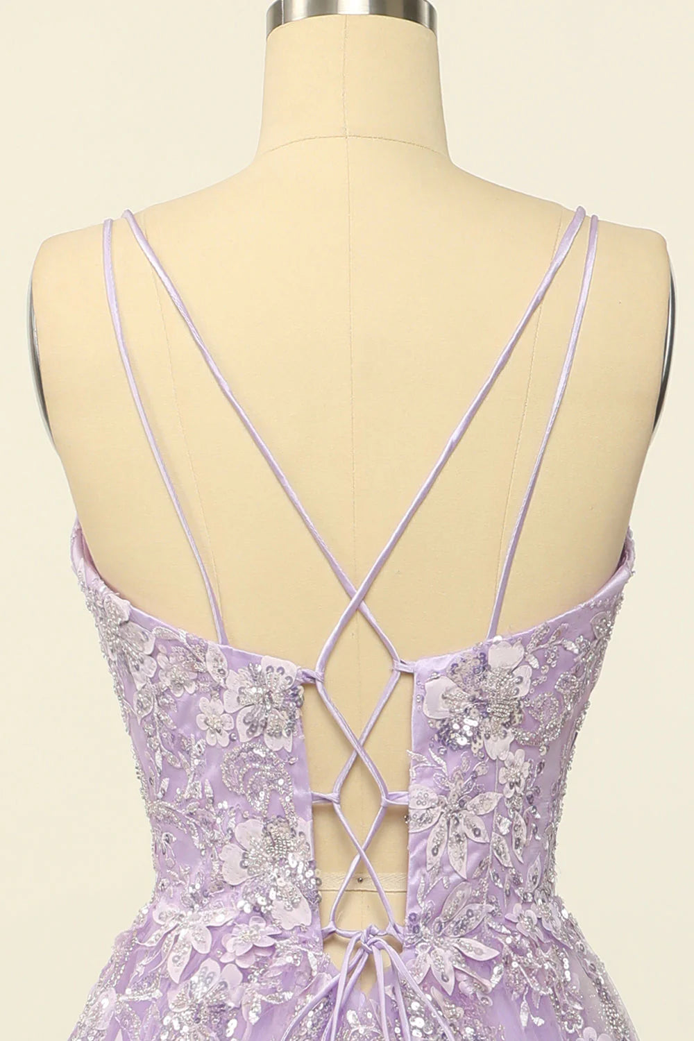 Purple Plunge V Spaghetti Straps Lace-Up Back Prom Dress With Appliques